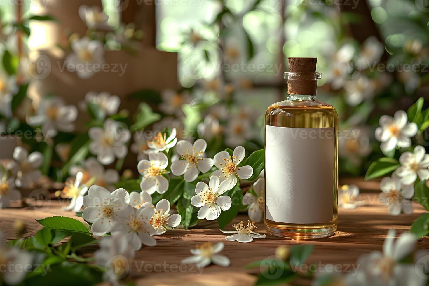 Empty jar, bottle label mockup with jasmine flowers. Blank branding, price, gift, sale, designation, medicine, cosmetics or title tag template with floral background. photo