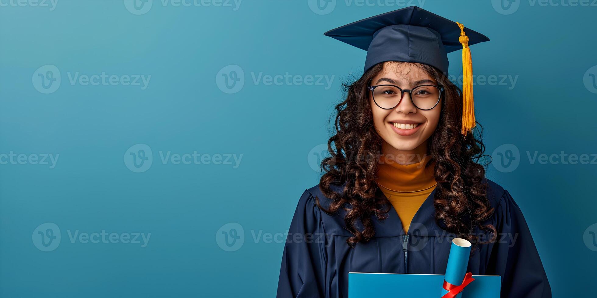 Cheerful young woman graduate portrait in mortarboard and bachelor gown, graduation ceremony concept. Congratulation the graduates in University, education background with copy space. photo