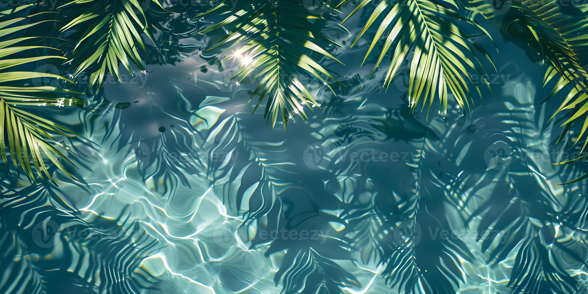 Tropical palm leaves with shadow on blue water surface in swimming pool. Summer vacation at the beach, recreation, tourism and sea travel concept. Beautiful abstract background with copy space. photo