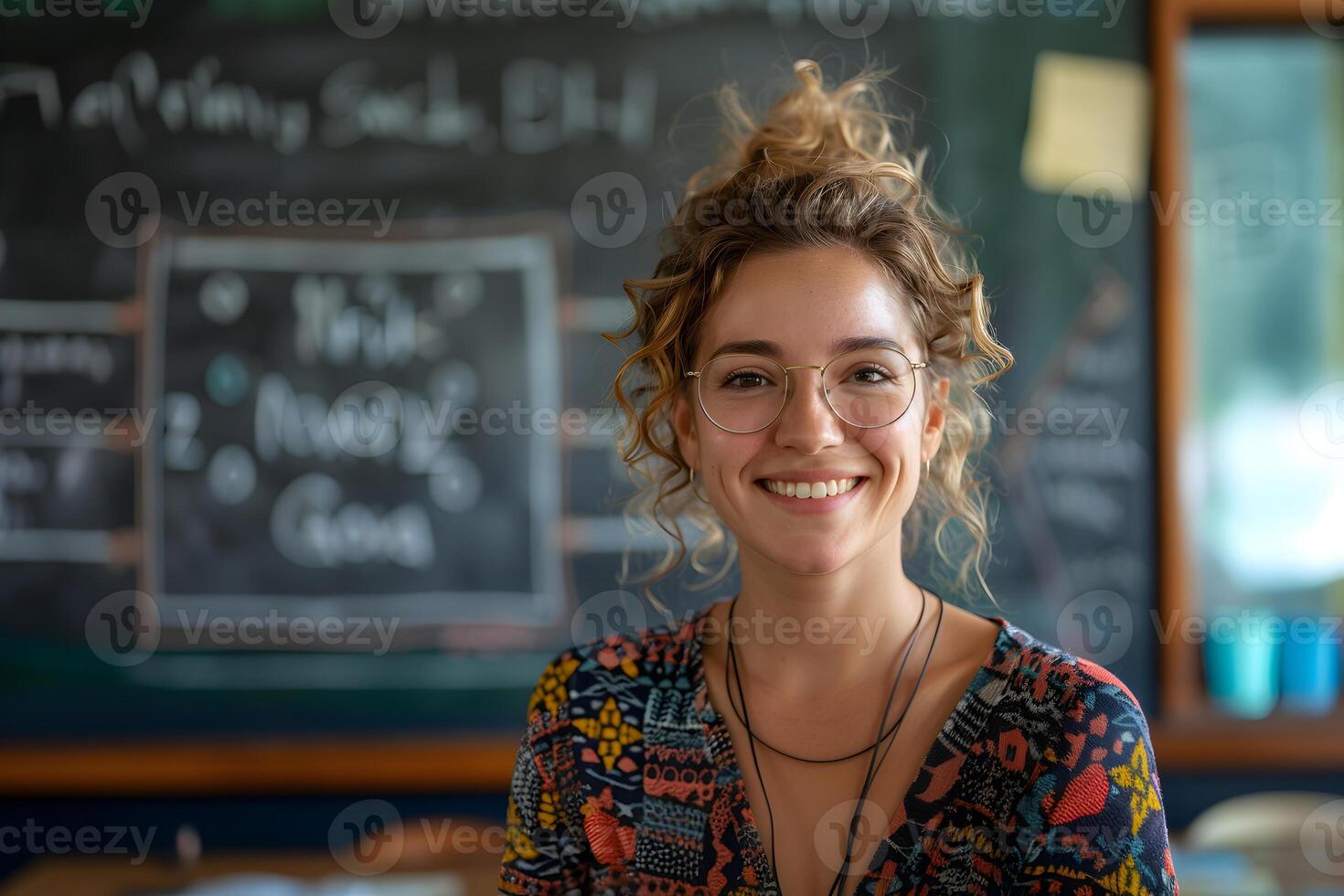 Portrait of young cheerful teacher woman on blackboard background in classroom. International happy teachers day and education success concept. photo