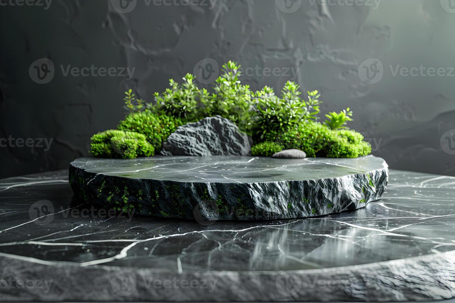 Black marble podium scene with green moss, geometric presentation platform mockup, stand to show cosmetic product showcase on pedestal display. Lights and shadows background, minimal presentation. photo