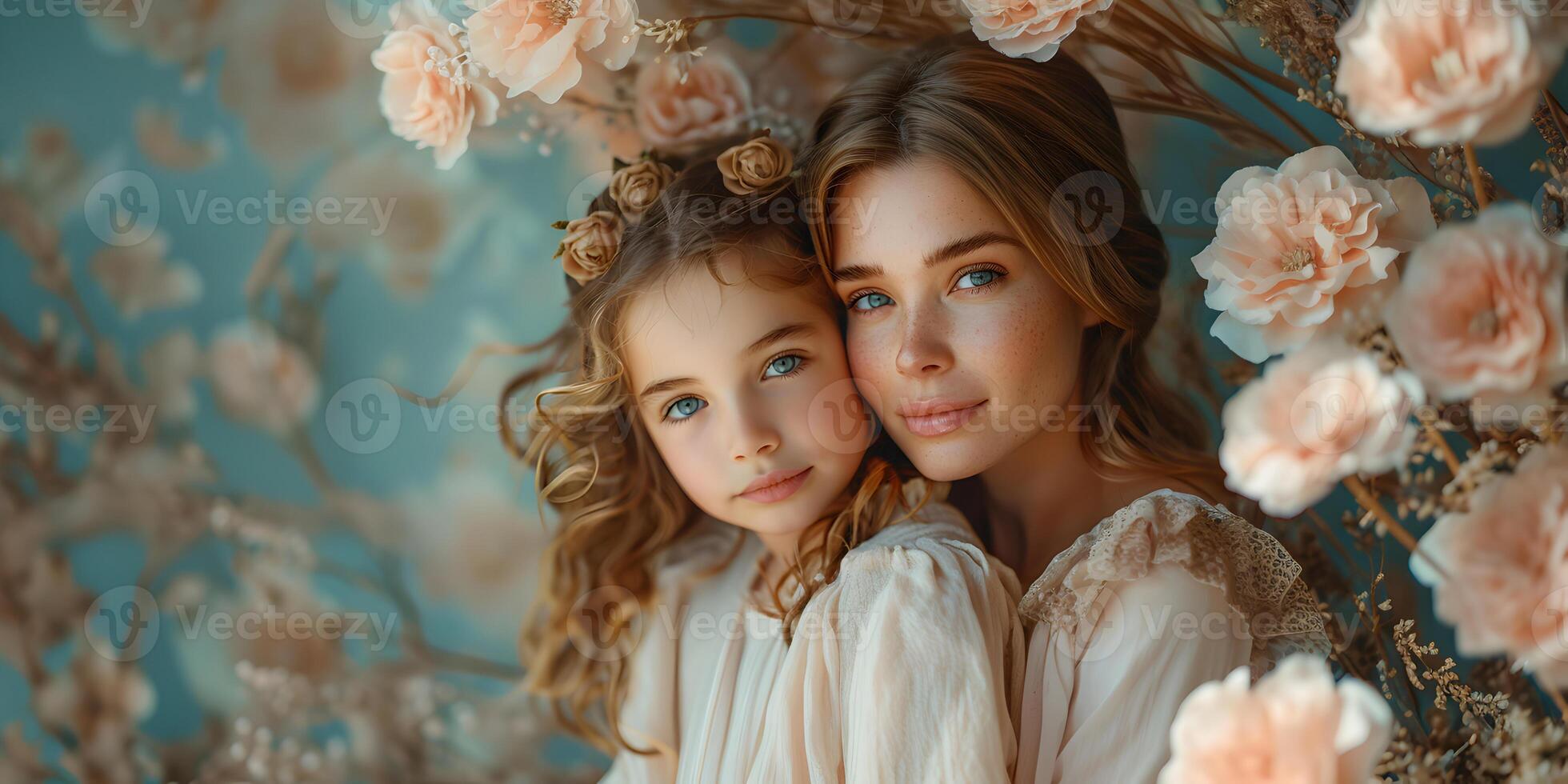 Happy Mothers day portrait of mother and daughter on flowers background, happy family hugging with love. International Mother's day concept with copy space. photo