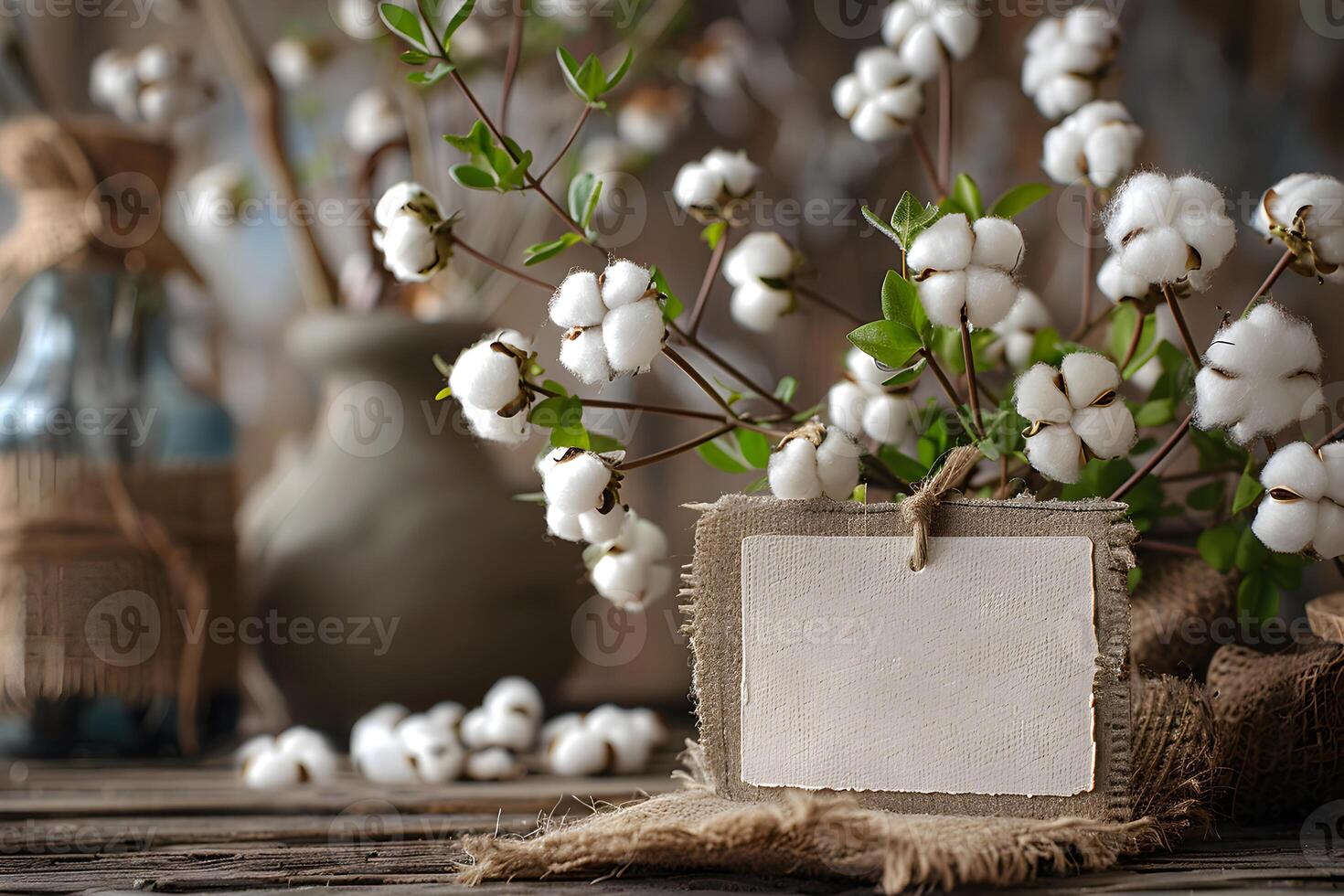 Empty rectangle label mockup with cotton flowers. Blank price, gift, sale, designation, medicine, cosmetics, title or gift tag template with flowers background. photo