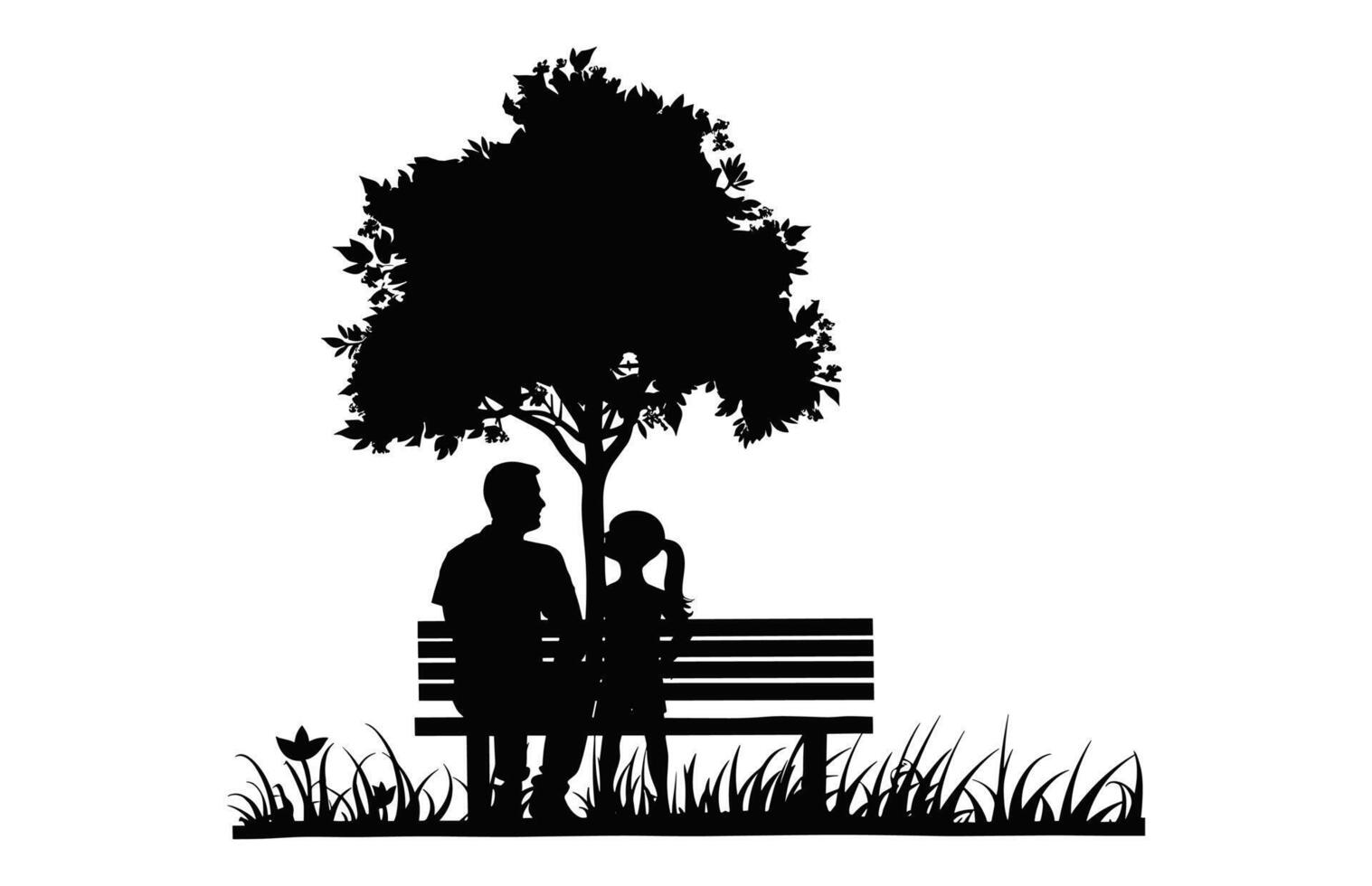 Father and daughter Sitting on Bench Under a tree Silhouette vector
