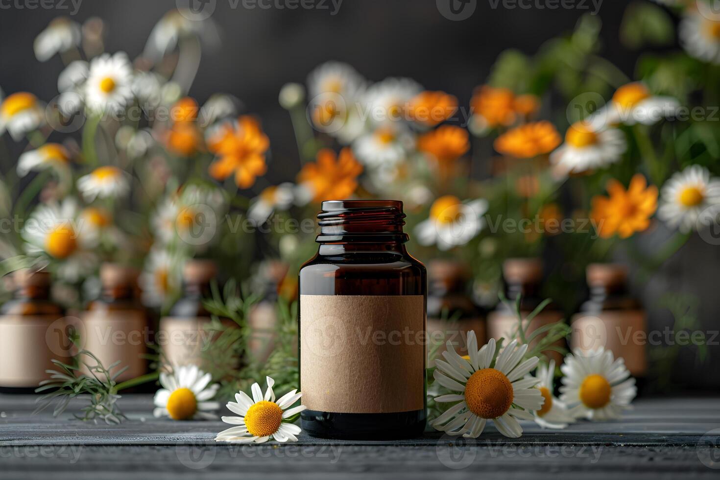 Empty jar, bottle label mockup with chamomile flowers. Blank branding, price, gift, sale, designation, medicine, cosmetics or title tag template with floral background. photo