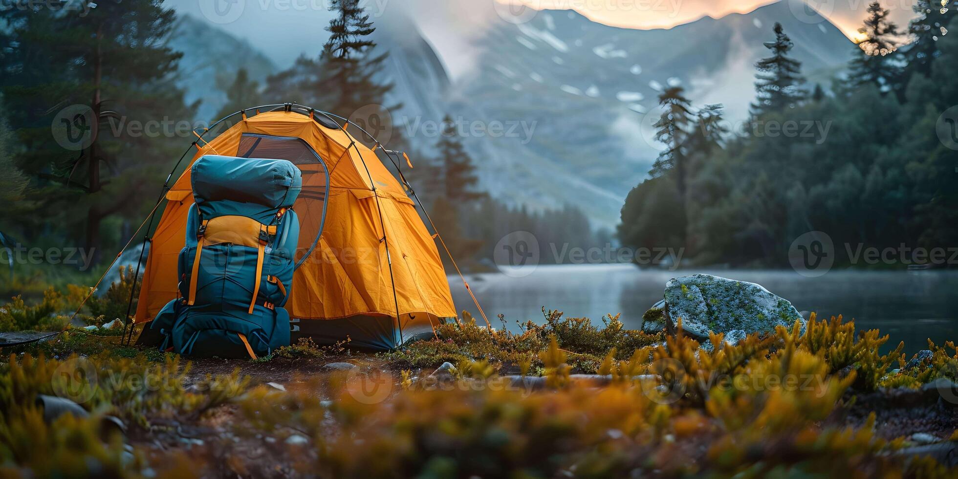Backpack with tourist tent on the wild nature background. Hiking and camping equipment on the river in the forest mountain, travel concept. Panoramic view with copy space. photo