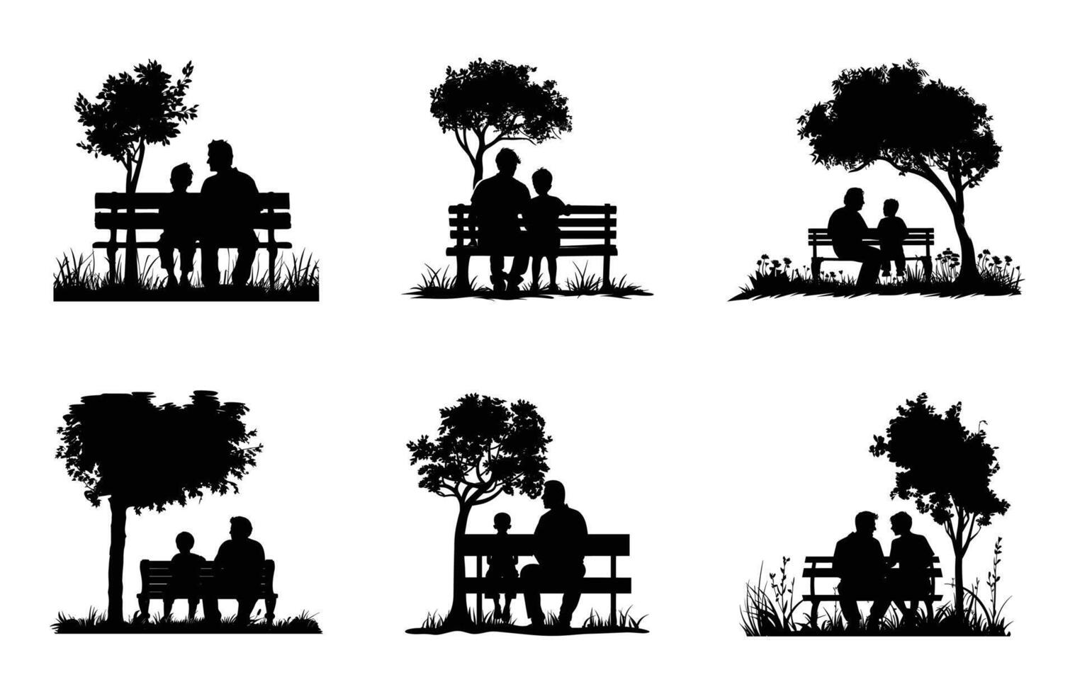 Dad and Son Sitting on a Park Bench under a tree Silhouette black Clip art Set vector