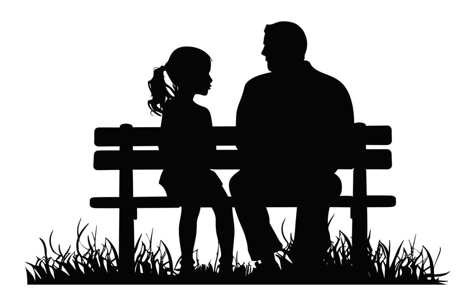 Dad and daughter Sitting on a Park Bench black Silhouette vector