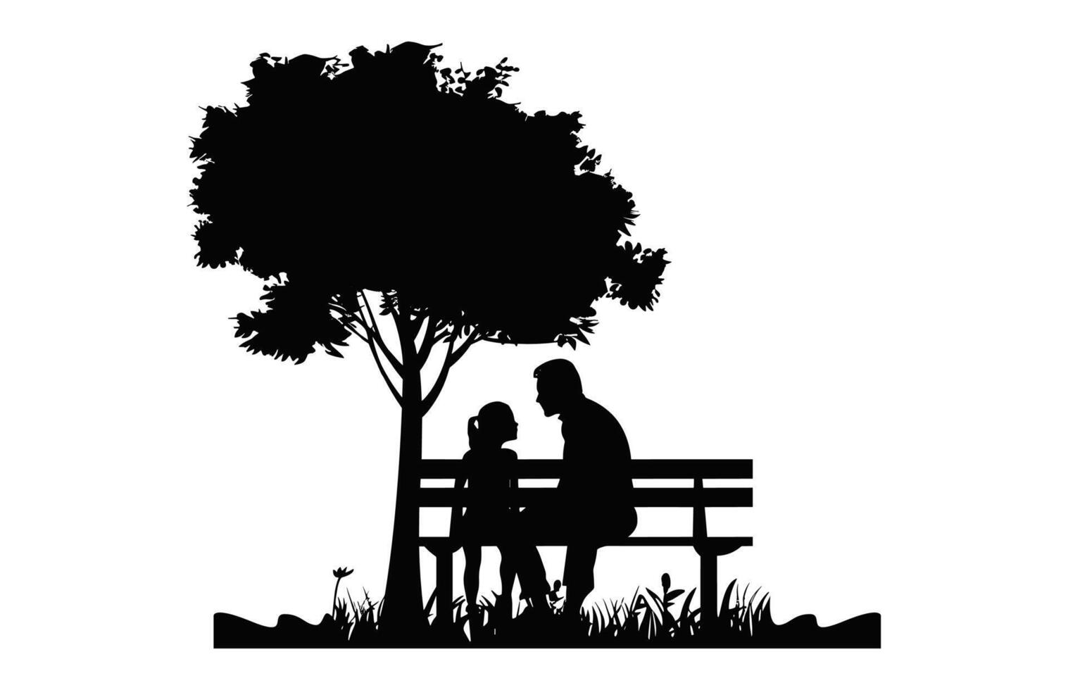 Dad and daughter Sitting on Bench Under a tree black Silhouette vector