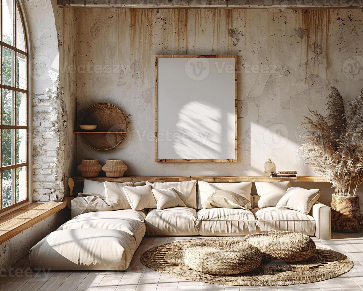 Frame mock up, In Cozy Modern Living Area With Comfortable White Seating and Rustic Brick Walls at Daytime photo