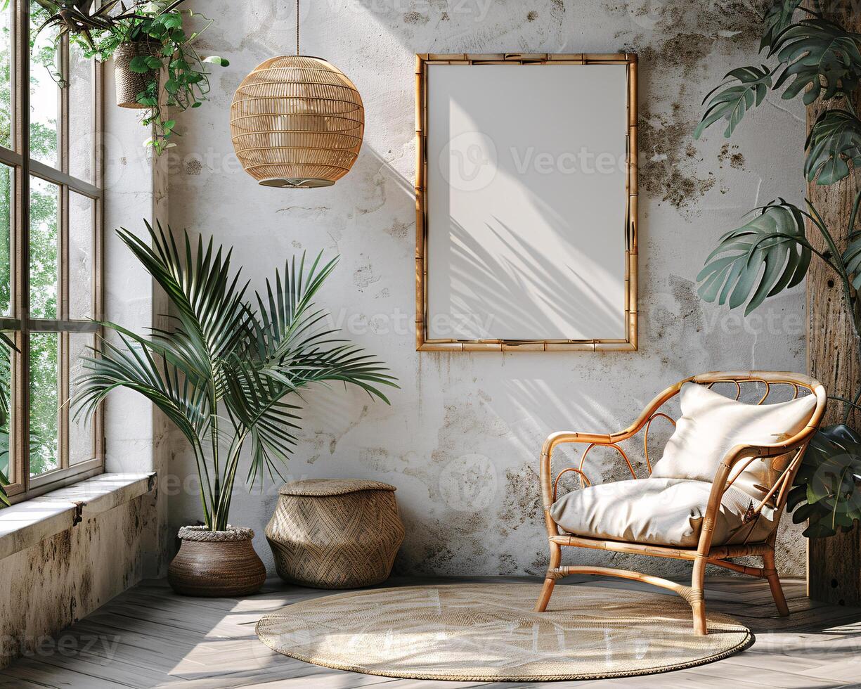 Frame Mock-up in Cozy Corner With Wicker Chair, Blanket and Plants in a Serene Indoor Setting photo