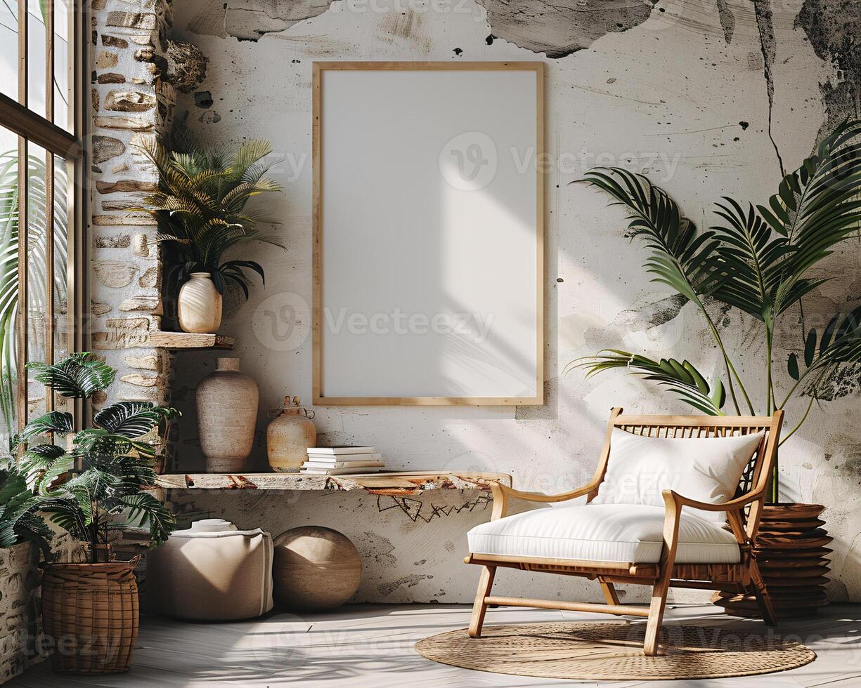 Frame mock up, In Cozy Modern Living Area With Comfortable White Seating and Rustic Brick Walls at Daytime photo
