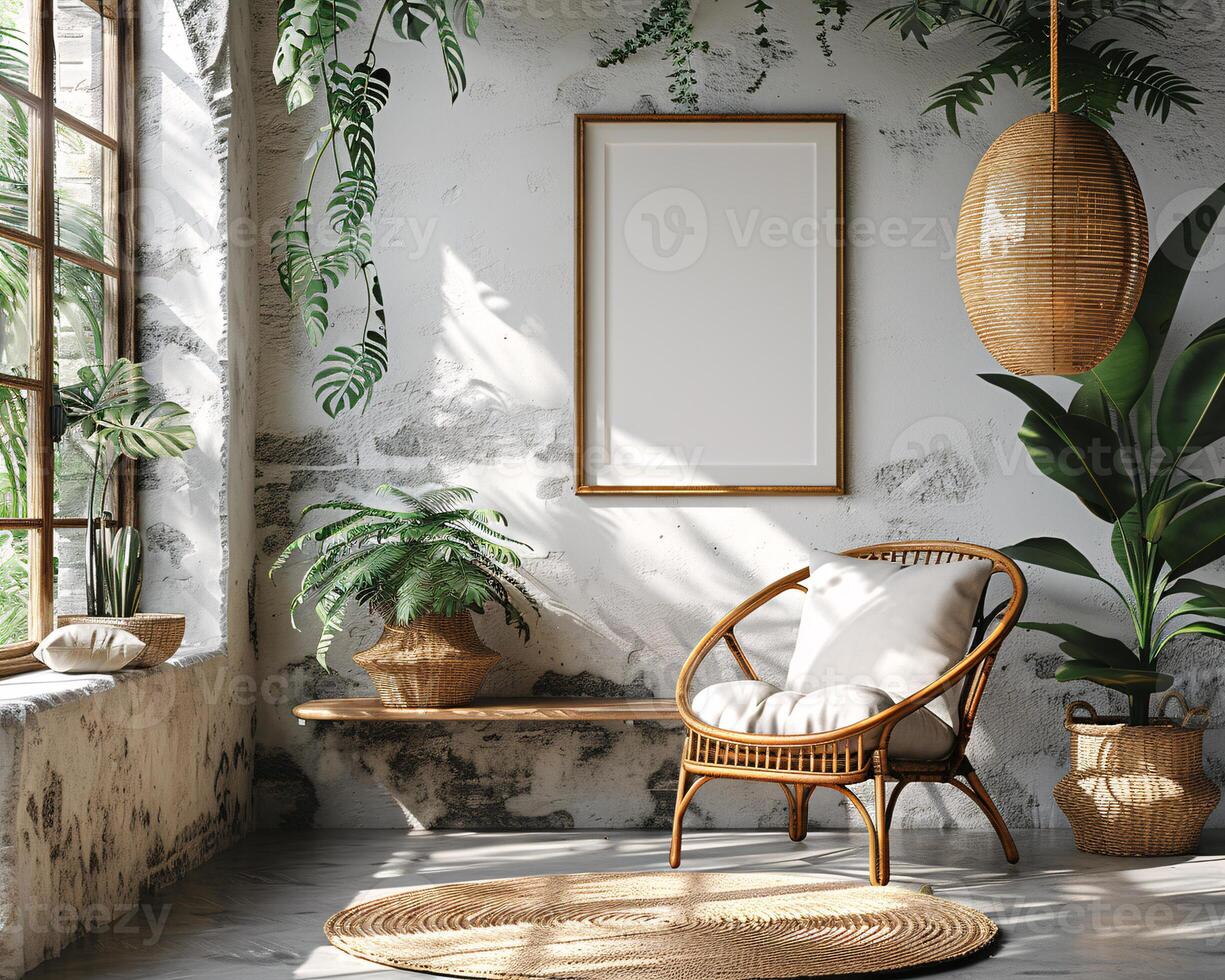 Frame mock up, In Cozy Modern Living Area With Comfortable White Seating and Rustic Brick Walls at Daytime photo