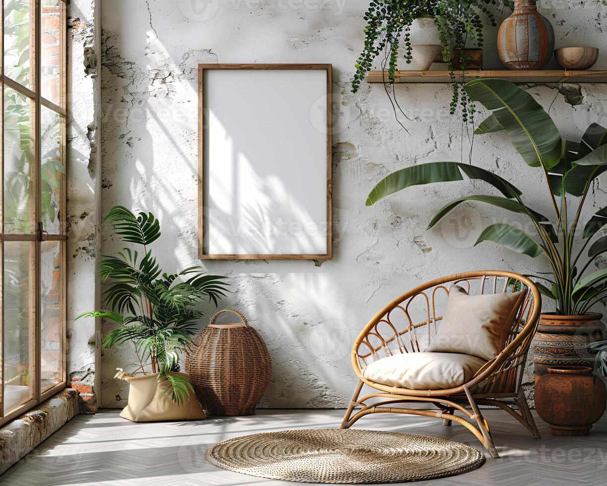 Empty Frame mock-up, blank frame Template, Frame Mock-up in Cozy Corner With Wicker Chair, Blanket and Plants in a Serene Indoor Setting photo