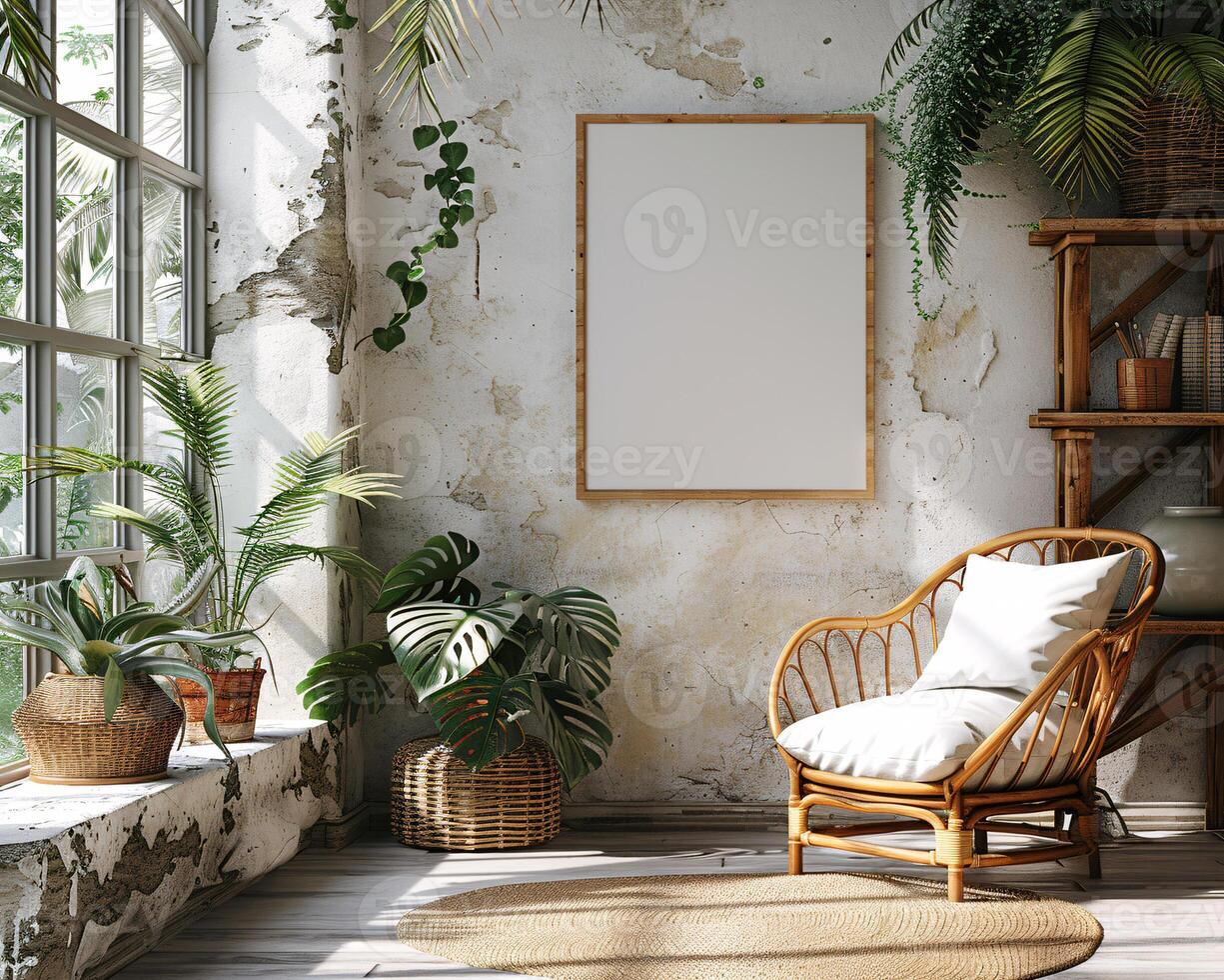Frame mock up, In Cozy Modern Living Area With Comfortable White Seating and Rustic Brick Walls at Daytime photo