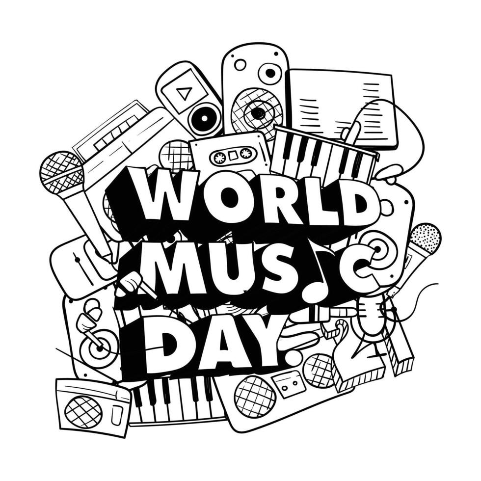 World music day typography design with doodle art of music tools. Good template for music day celebration design or other music event vector