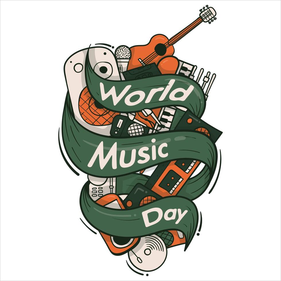 World music day typography design in flying banner with retro colorful design for music day celebration on june 21 vector