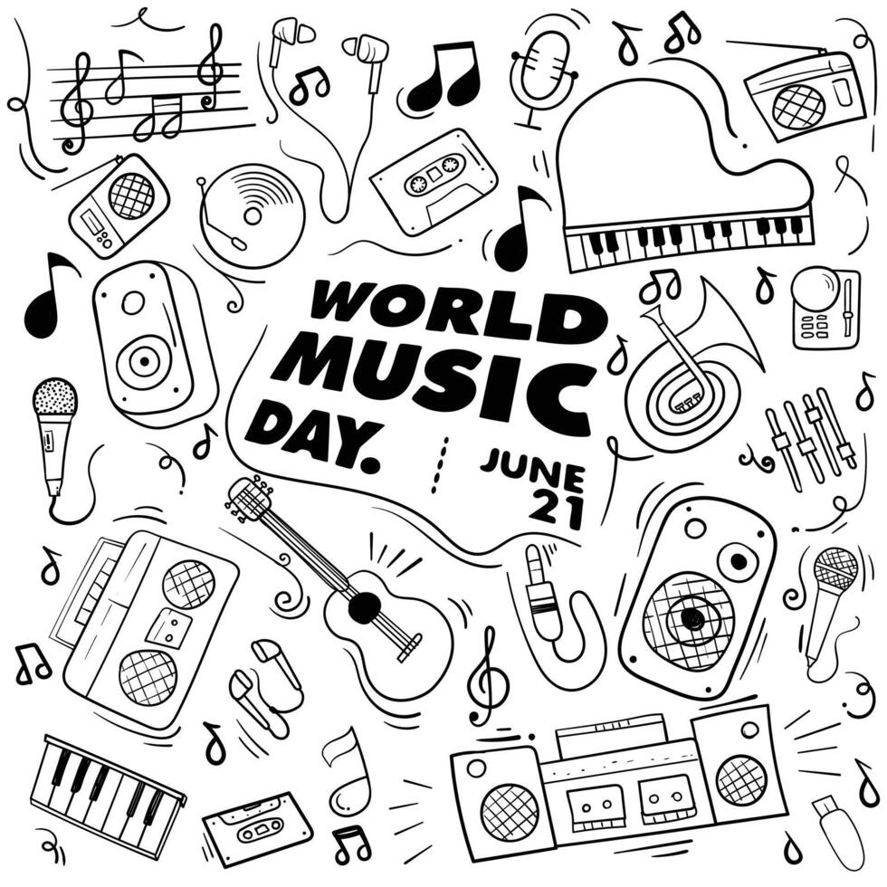 World music day in black white hand drawn Doodle art of music tools design for template of music event campaign vector
