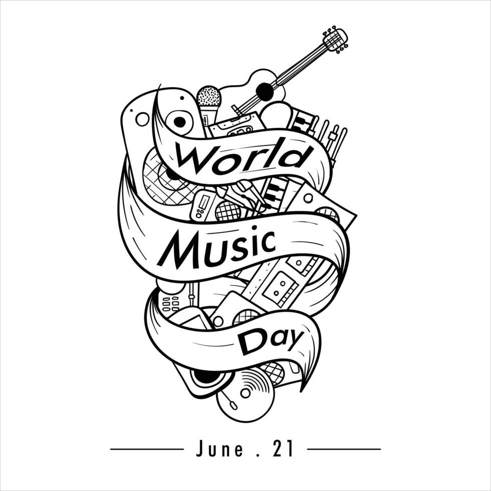 Black white typography design of world music day in doodle art concept design with audio equipment vector