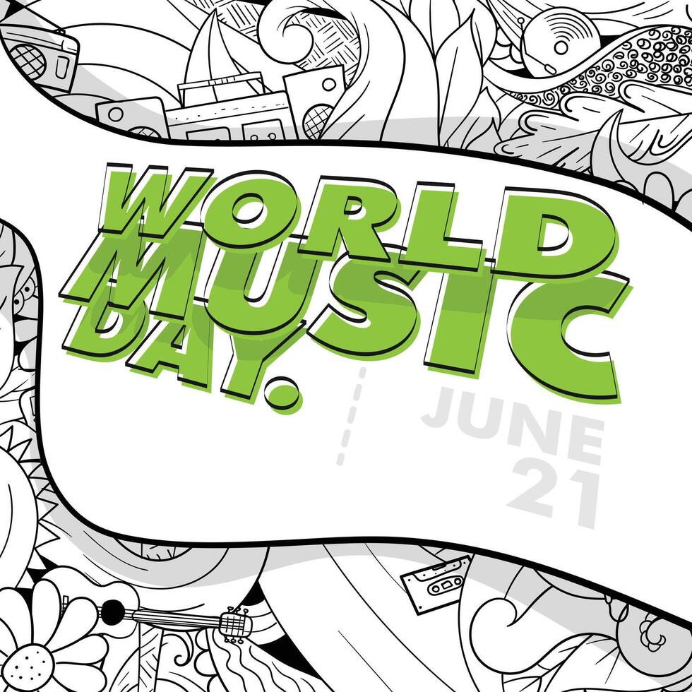 World music day in flat green typography design with music tools ornamental background for world music day design or other music event vector