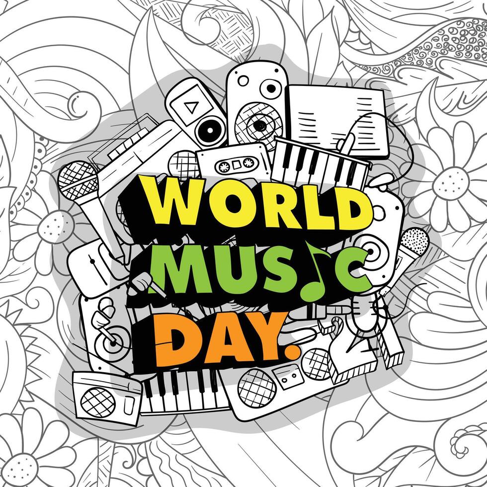 World music day in 3d typography design with doodle art of audio equipment and line art ornamental background for music event design vector