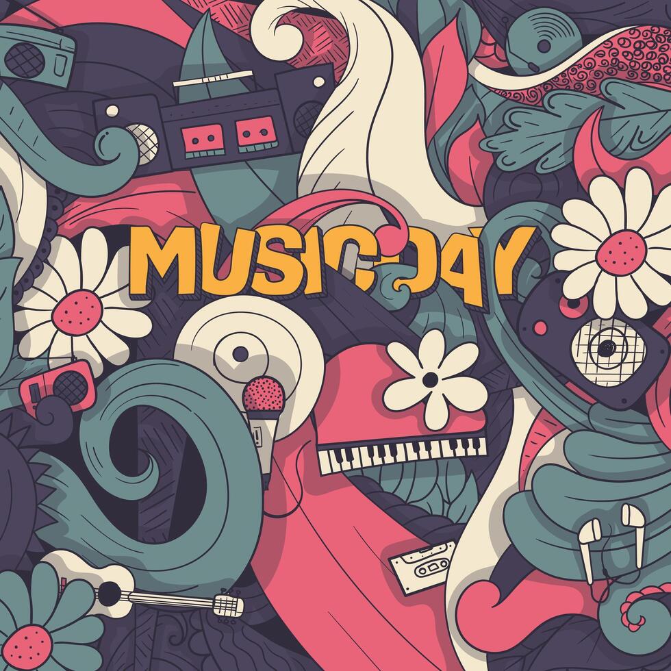 Music Day typography design with colorful ornamental background in retro concept for world music day campaign design or other music event vector