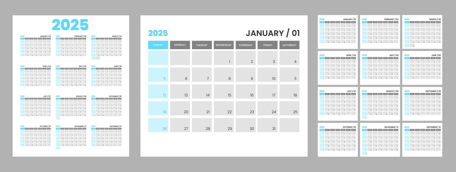 Set of monthly calendar template for 2025 year. Wall calendar in a ...
