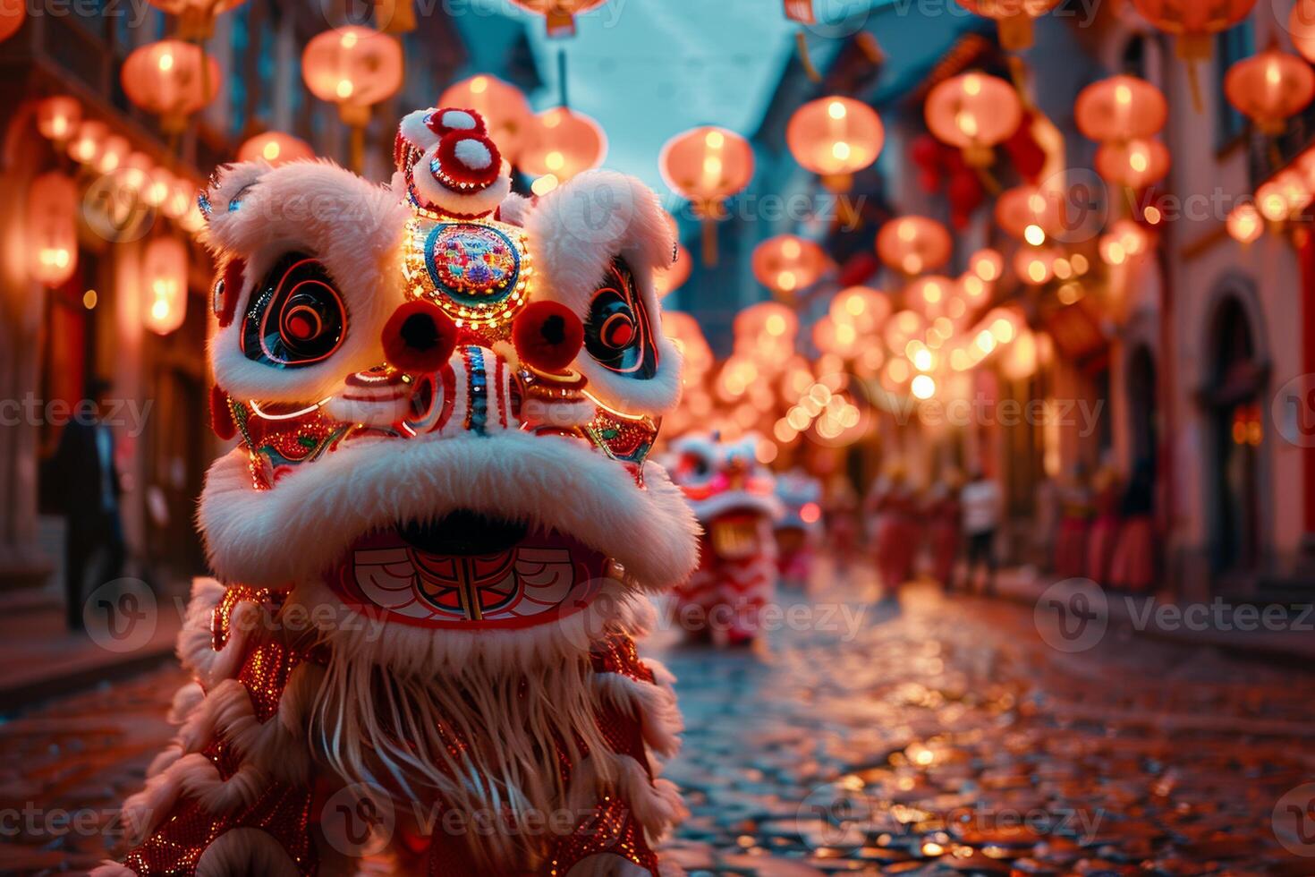 Chinese Lion Dance in the Middle of a Street photo