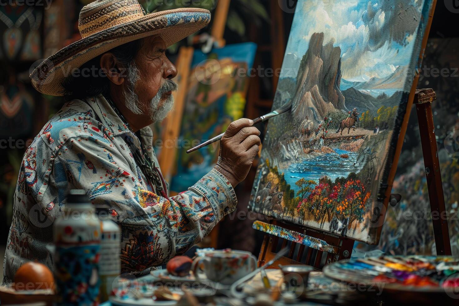 Man With Straw Hat Painting on Canvas photo