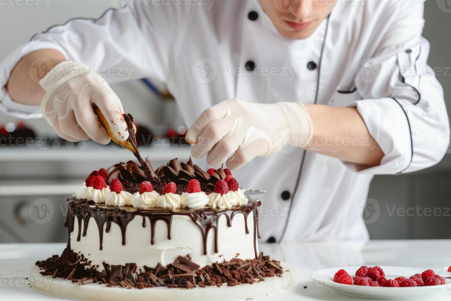 Chef Decorating Cake With Chocolate and Raspberries photo