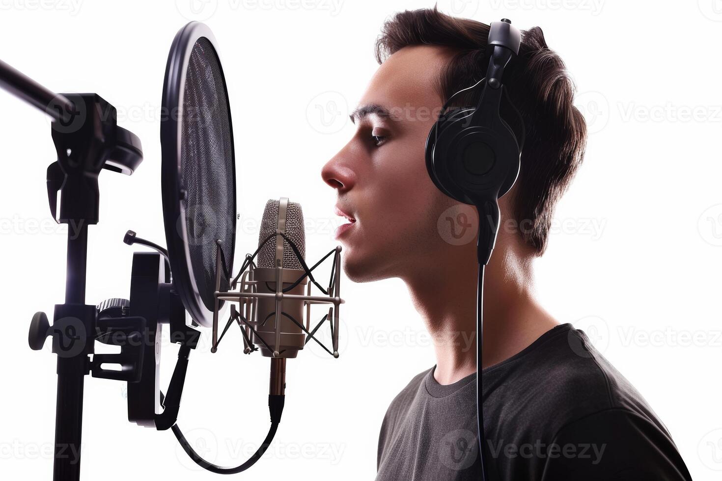 Man Singing Into Microphone With Headphones photo