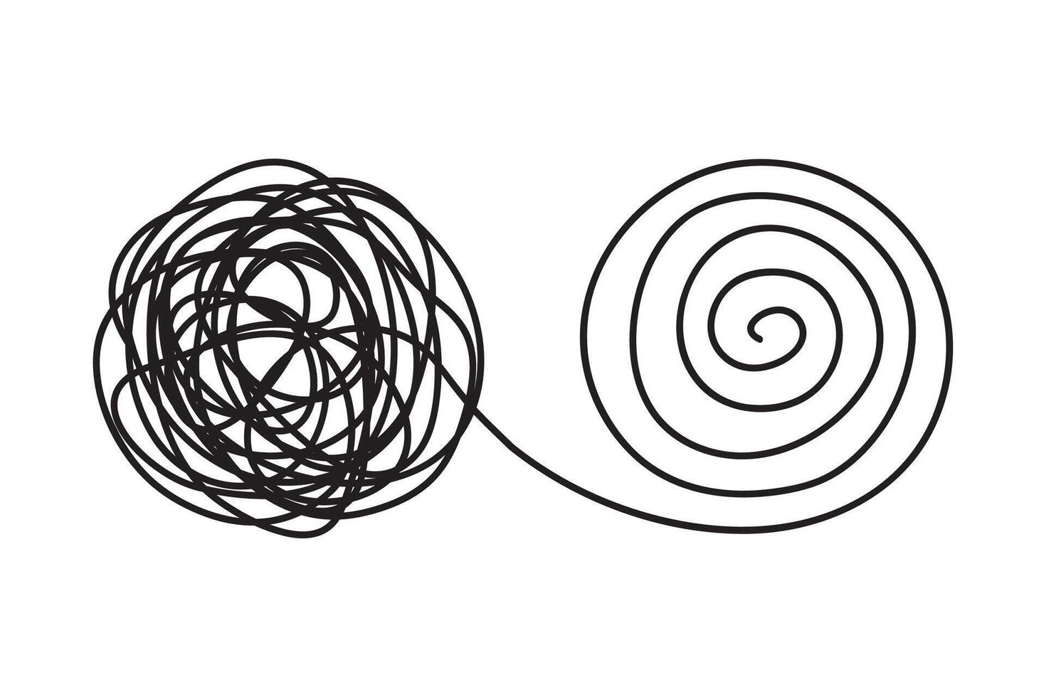 Chaos and order business concept flat style design illustration isolated on white background. Tangled disorder turns into spiral order line, find vector