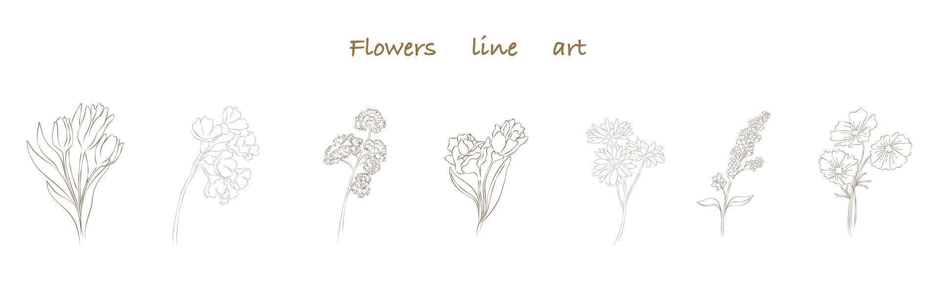 Flowers line art set that can be used in a variety of ways such as decorating cards, digital printing, fabric patterns, scrapbooking, paper patterns, element for design and more. vector