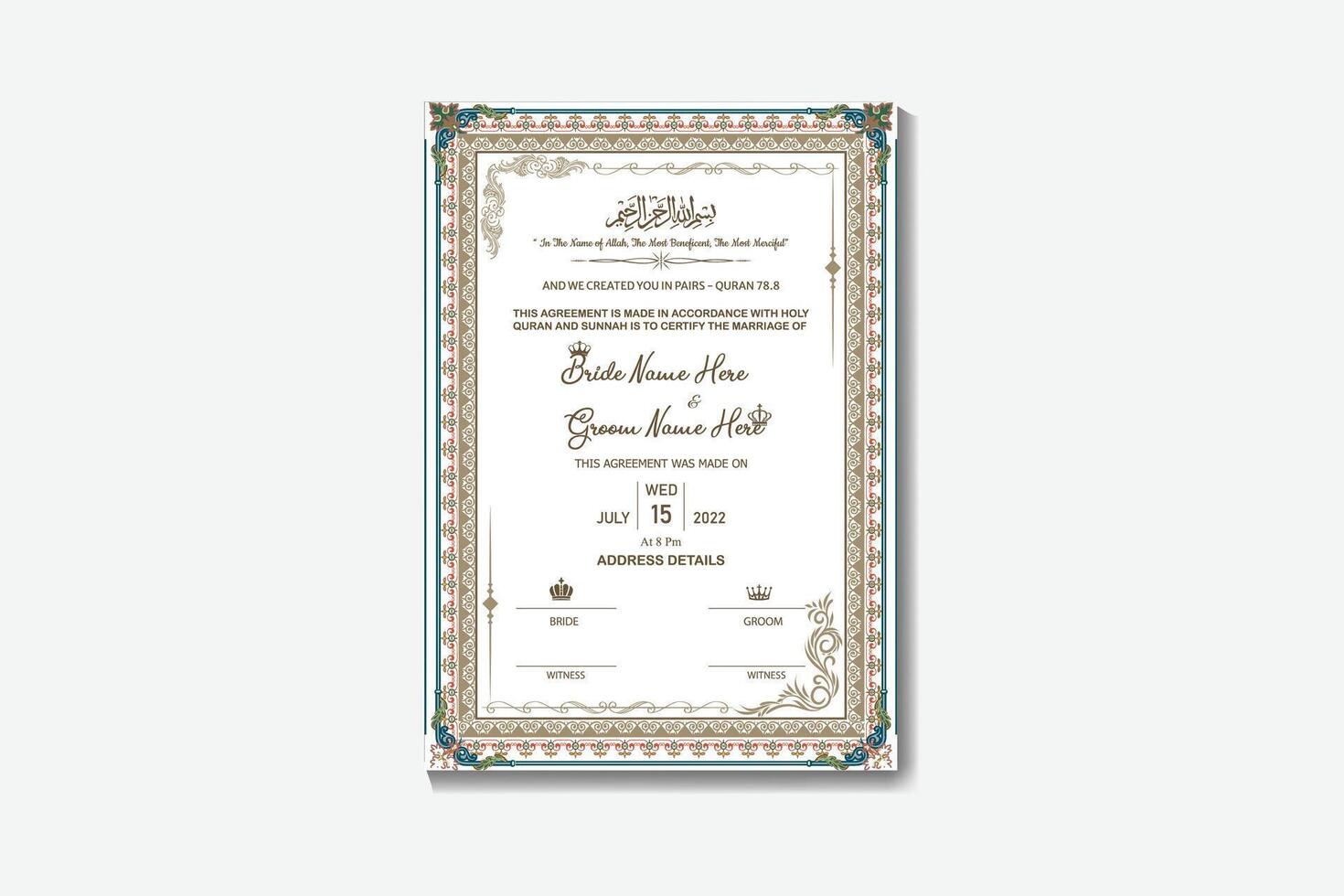 Nikkah Certificate Or Muslim Marriage Design Template vector
