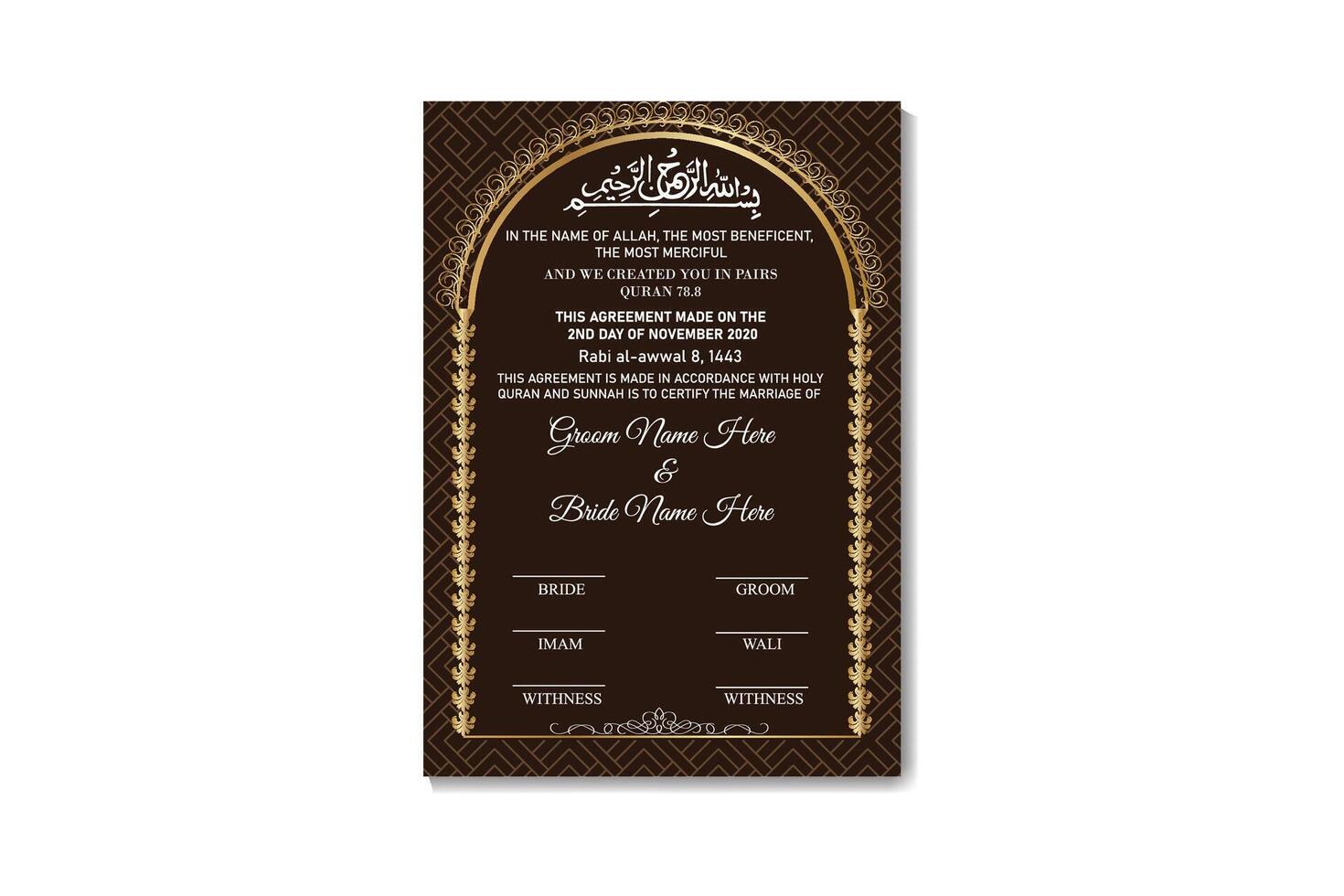 Luxury Muslim Couple Marriage Certificate Design vector
