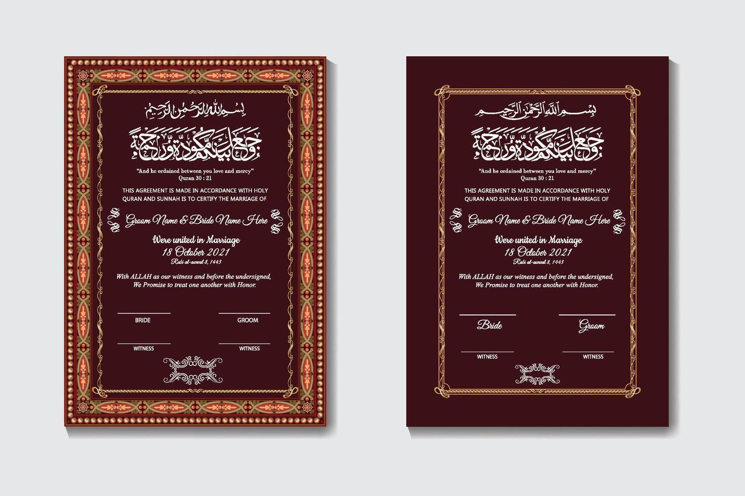 Nikkah Certificate Or Muslim Marriage Design Template vector