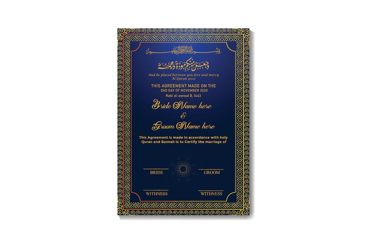 Nikkah Nama Marriage Certificate Or Muslim Marriage Design Template vector