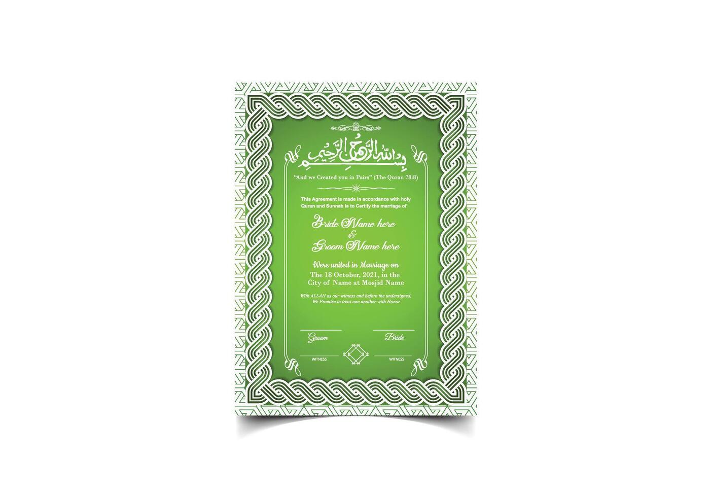 Nikkah Nama Marriage Certificate Or Muslim Marriage Design Template vector