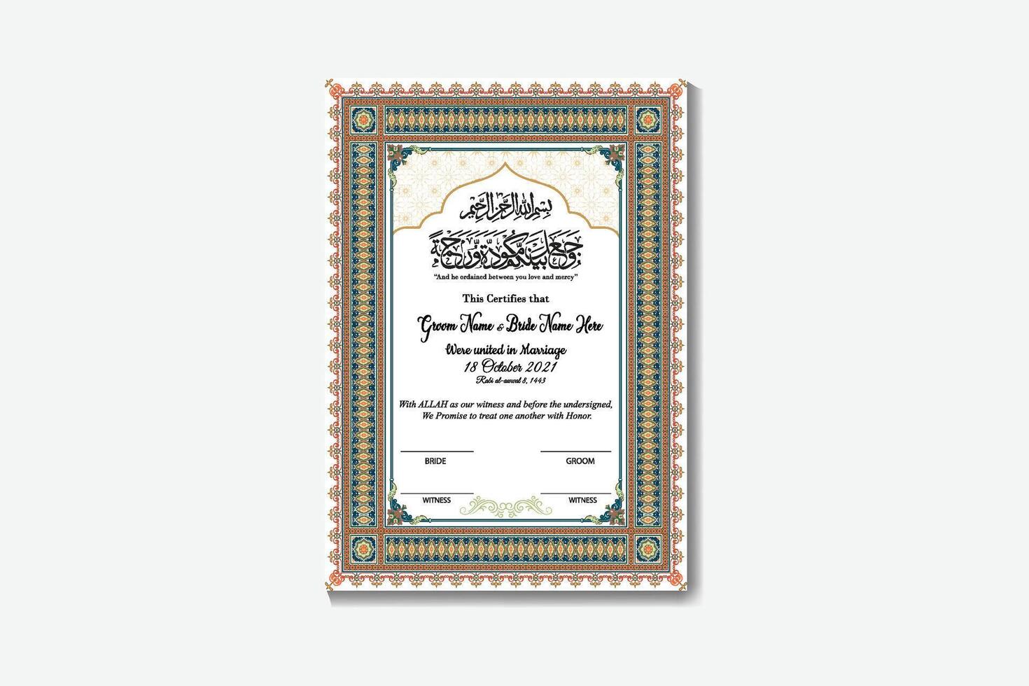 Nikkah Certificate Or Muslim Marriage Design Template vector