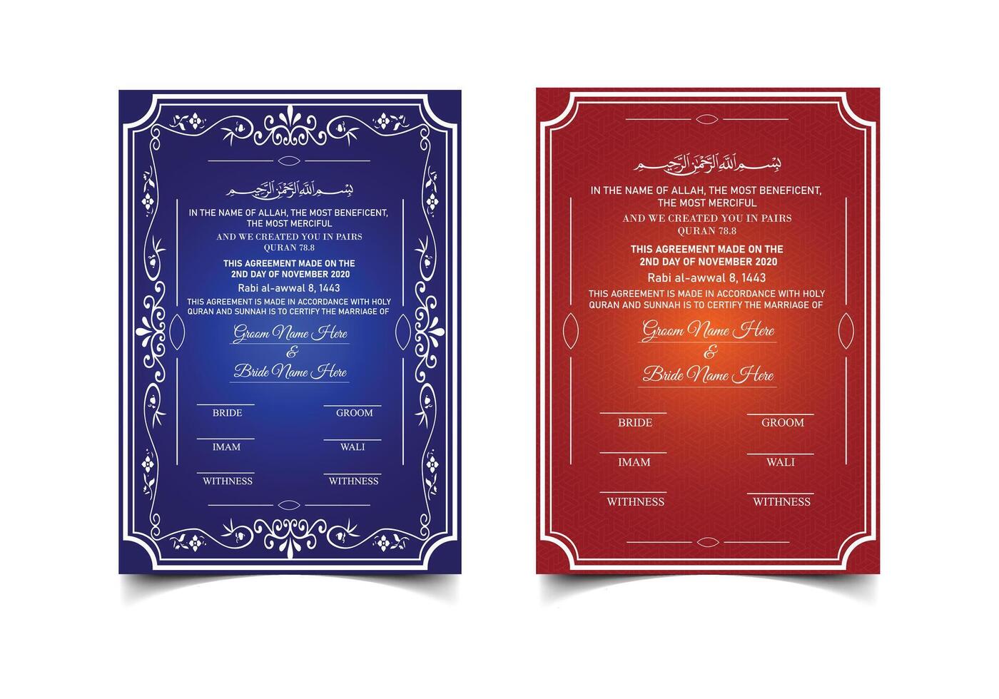 Nikkah Nama Certificate design Template or Muslim Marriage Certificate or Islamic Marriage Certificate Template Design vector