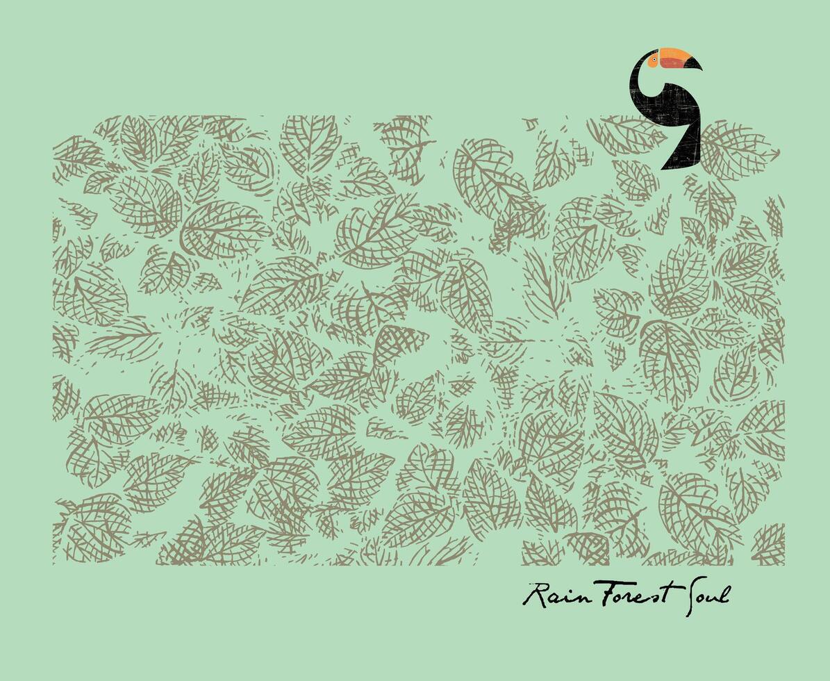 Composition illustration with leaves and toucan. Stylized art in editable strokes. vector