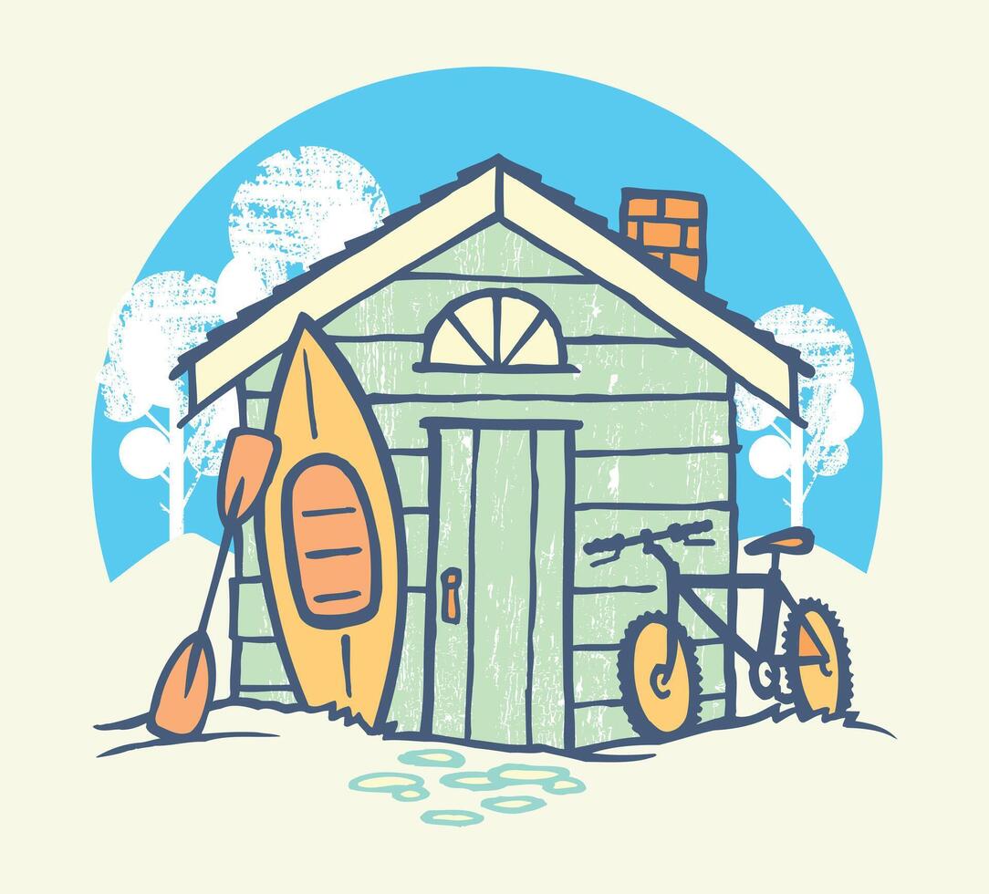 Illustration of cottage in cartoon style with kayak and bicycle. vector