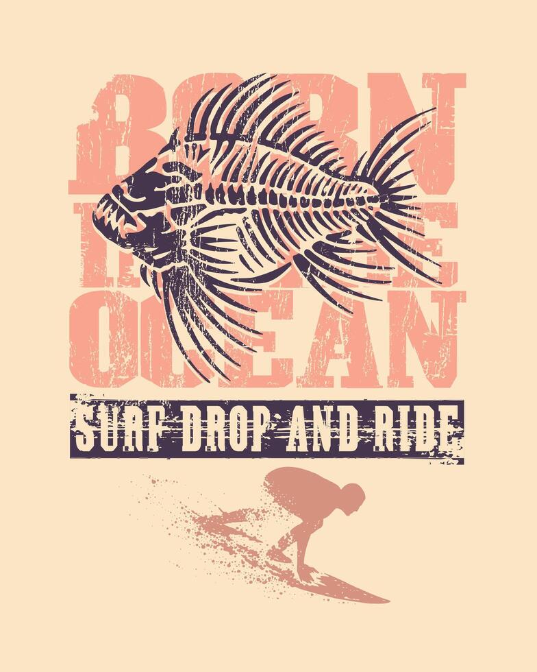Fish skeleton illustration in composition with lettering and surfer silhouette. vector