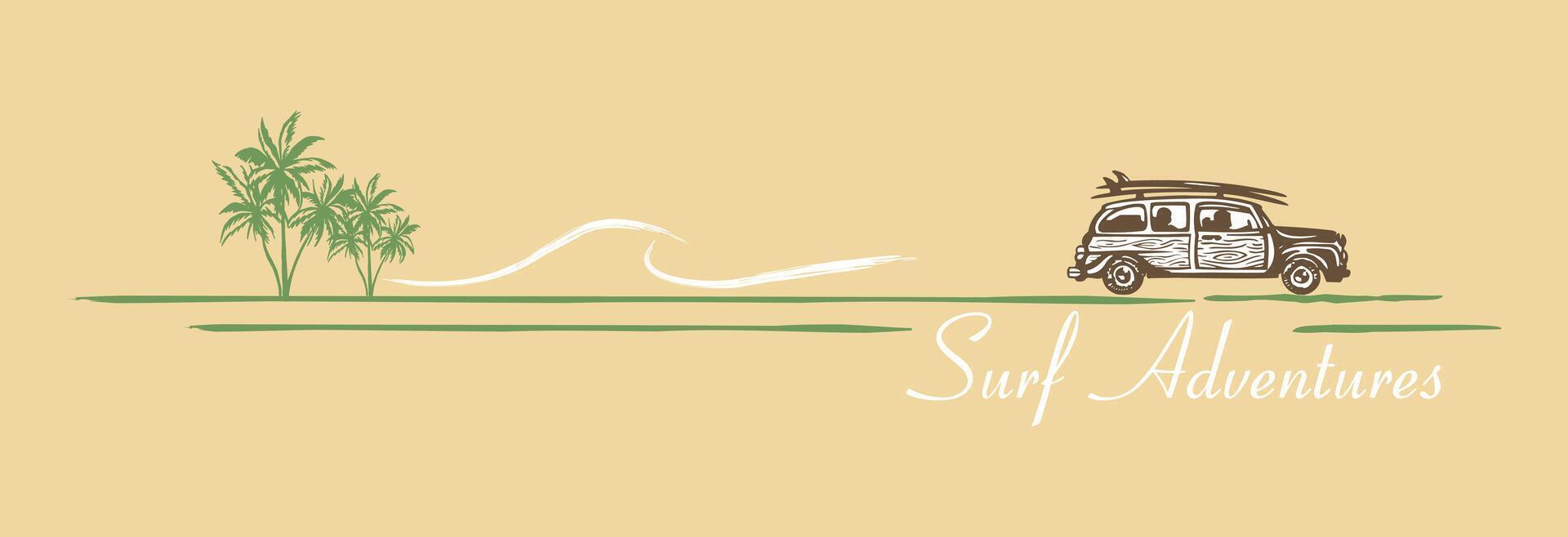 Vintage car illustration with surfboards. Art in composition with lettering. vector