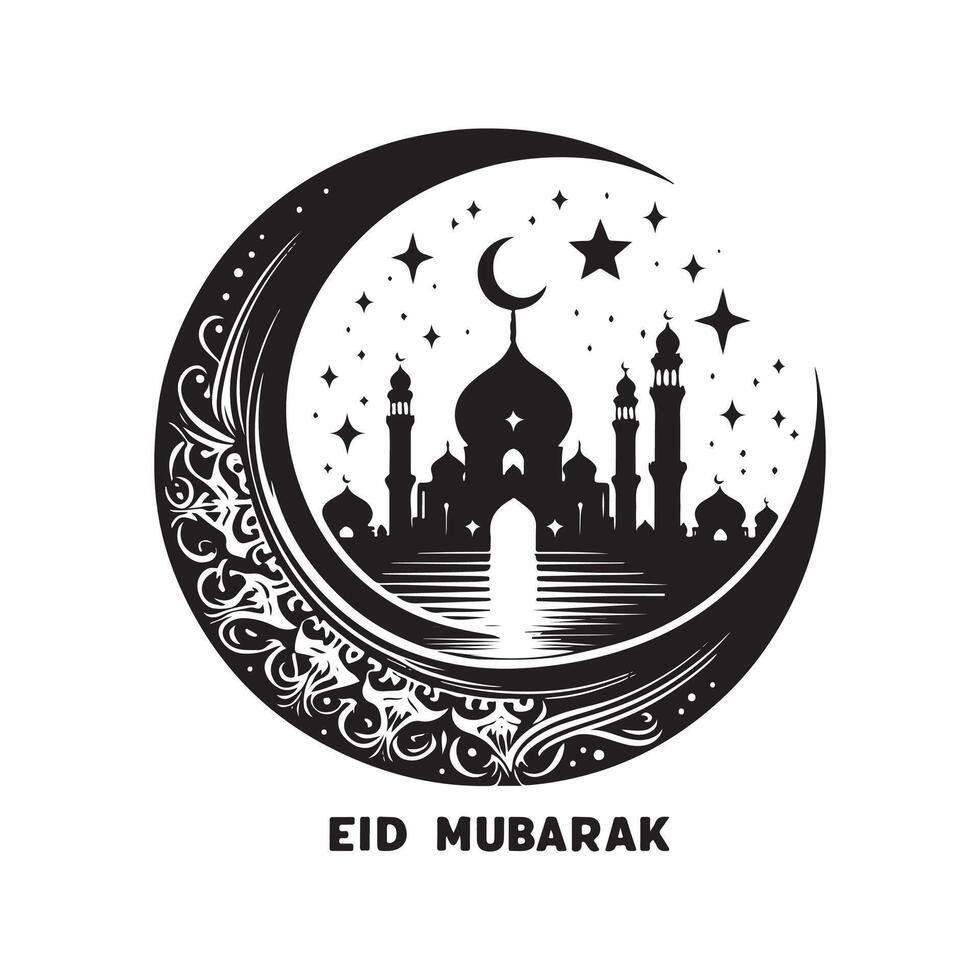 Eid Mubarak, religious Islamic silhouettes, logo, icon with crescent moon design vector