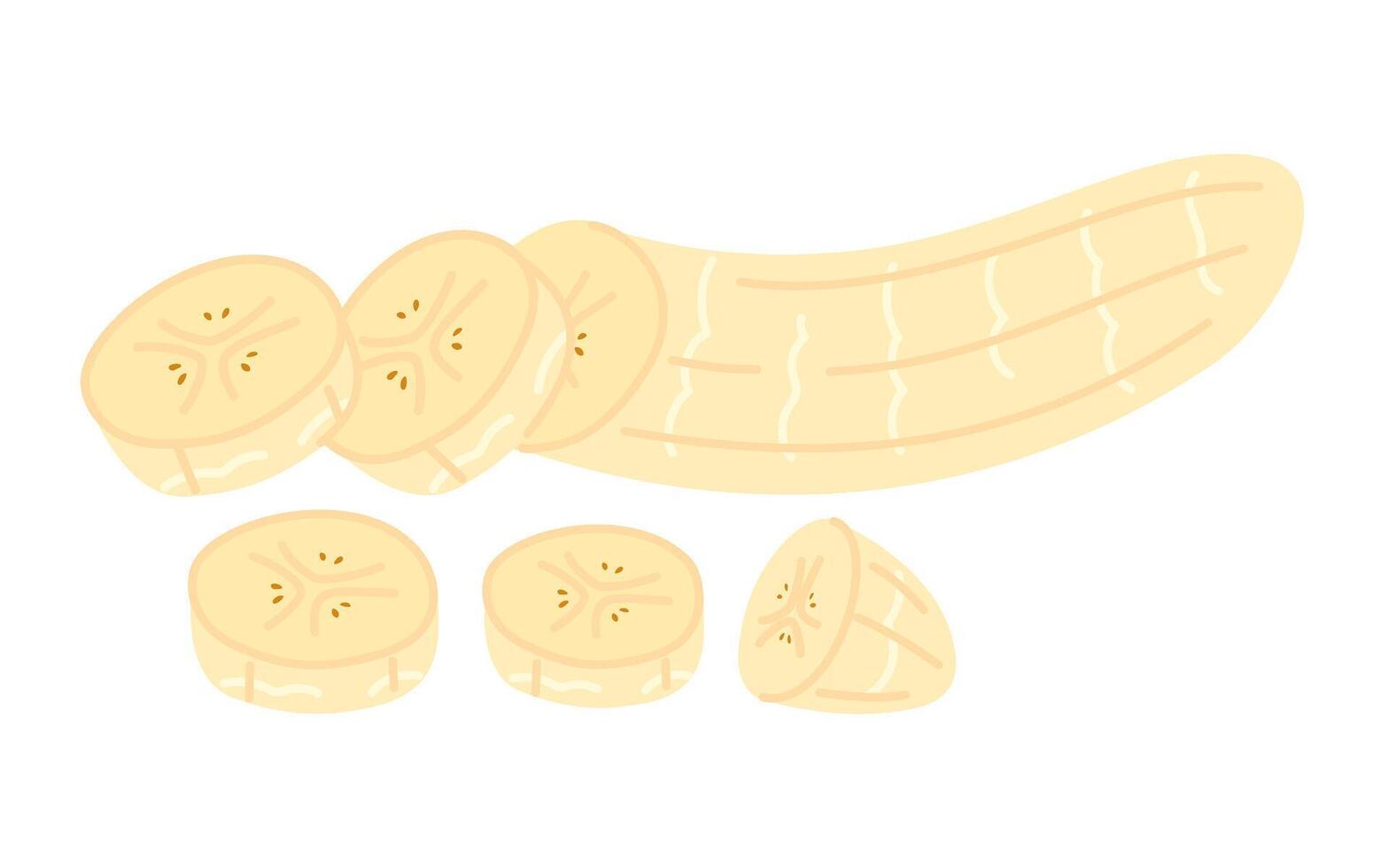 Fresh peeled and cut into pieces banana. Hand drawn flat style banana isolated on transparent. Exotic tropical yellow fruit, banana snack, healthy vegetarian food clip art illustration. vector