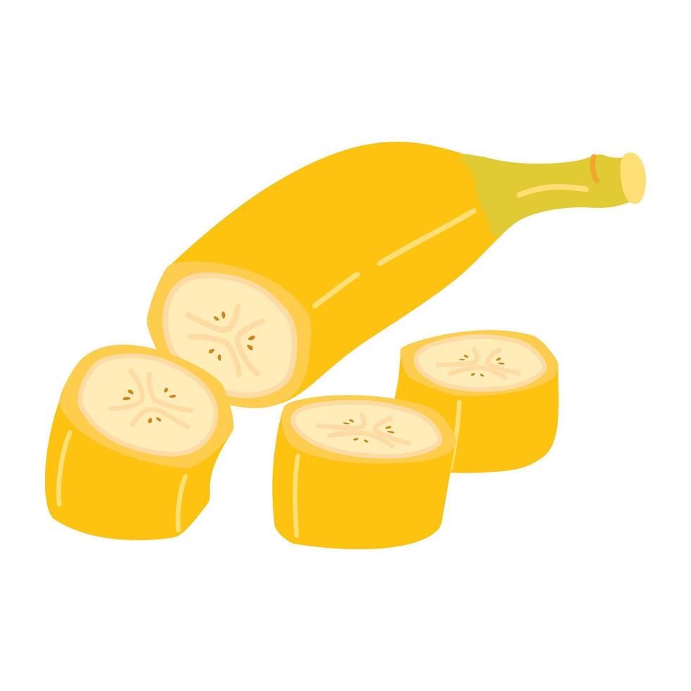 Fresh banana slice cut isolated on transparent background. Yellow tropical fruit, banana snack, healthy vegetarian and organic food. Cartoon Hand drawn trendy flat style illustration vector