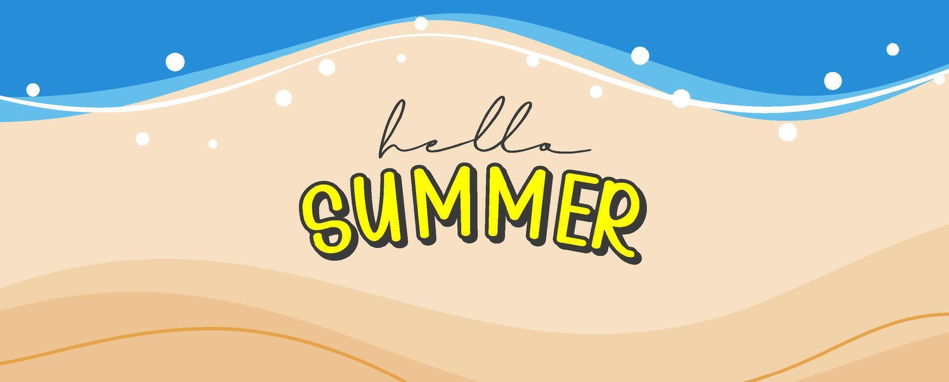 Hello summer banners design hand drawn style. Summer with cartoon sand beach background. vector