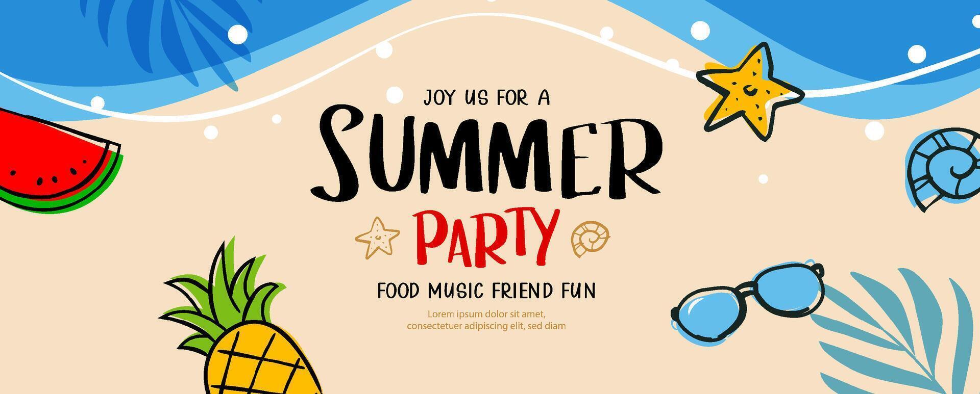Summer party banner poster with doodle element on beach background. vector