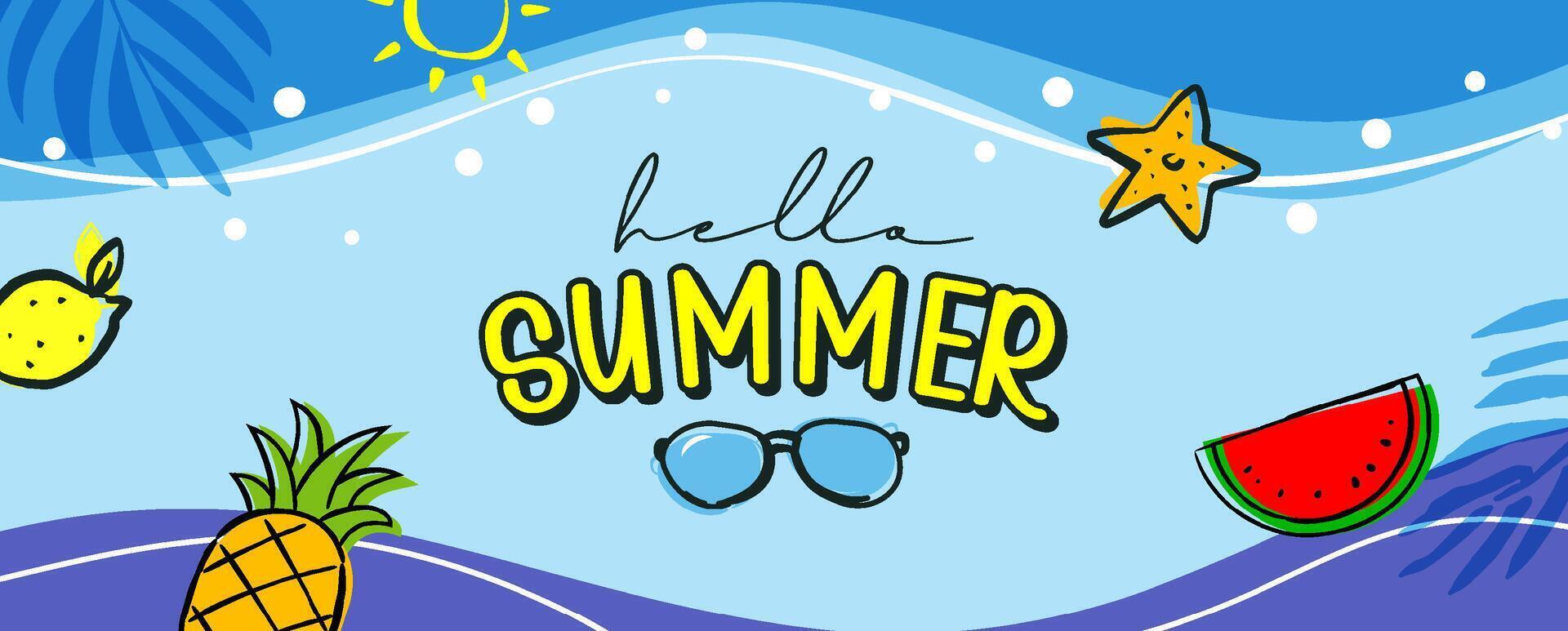Hello summer banners design hand drawn style. Summer with doodles and objects elements background. vector